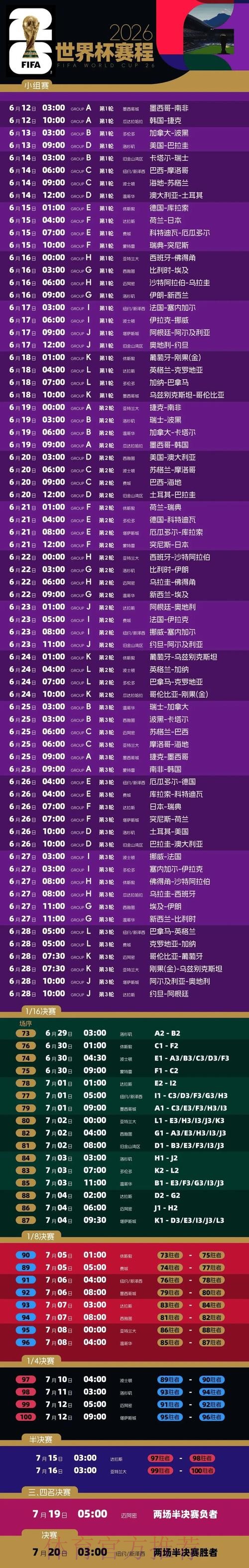 2026世界杯每日赛程高清版比赛时间表免费观看